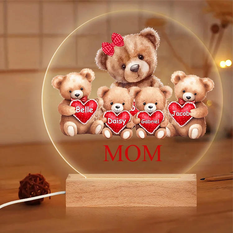 Personalized Acrylic Night Light Custom 2–9 Names Teddy Bear Family LED Lamp Gifts for Mother/Grandma