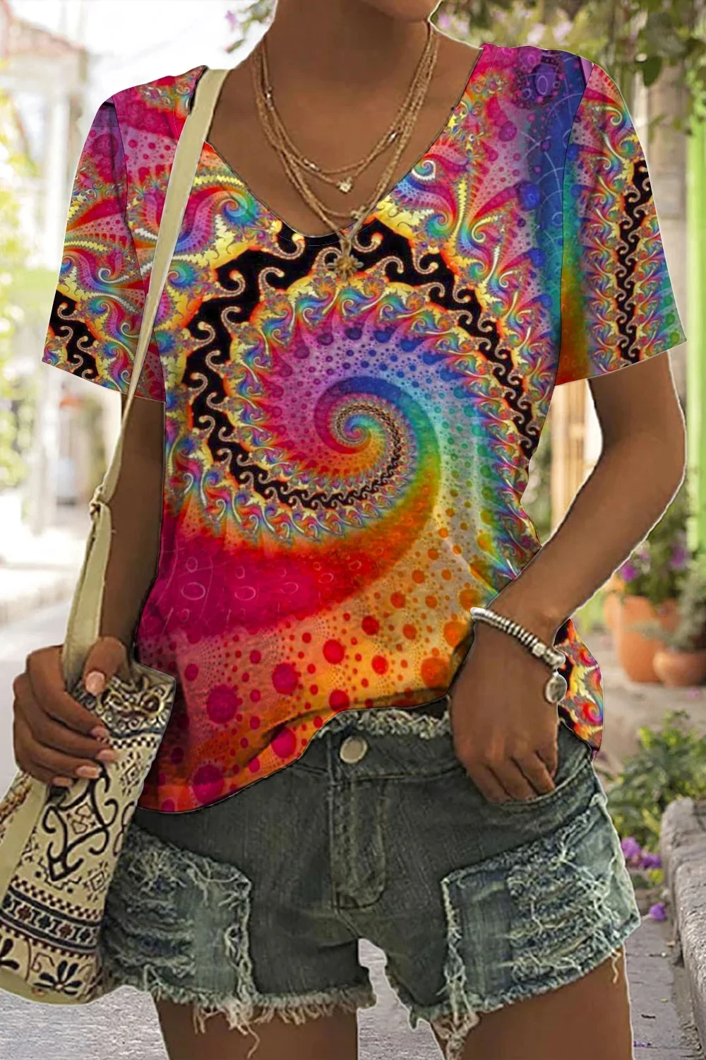 Mandala Tie Dye Spiral Print V-Neck T-Shirt