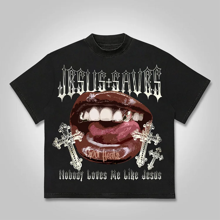 Jesus Saves Lips Cross Graphic Cotton T-shirt