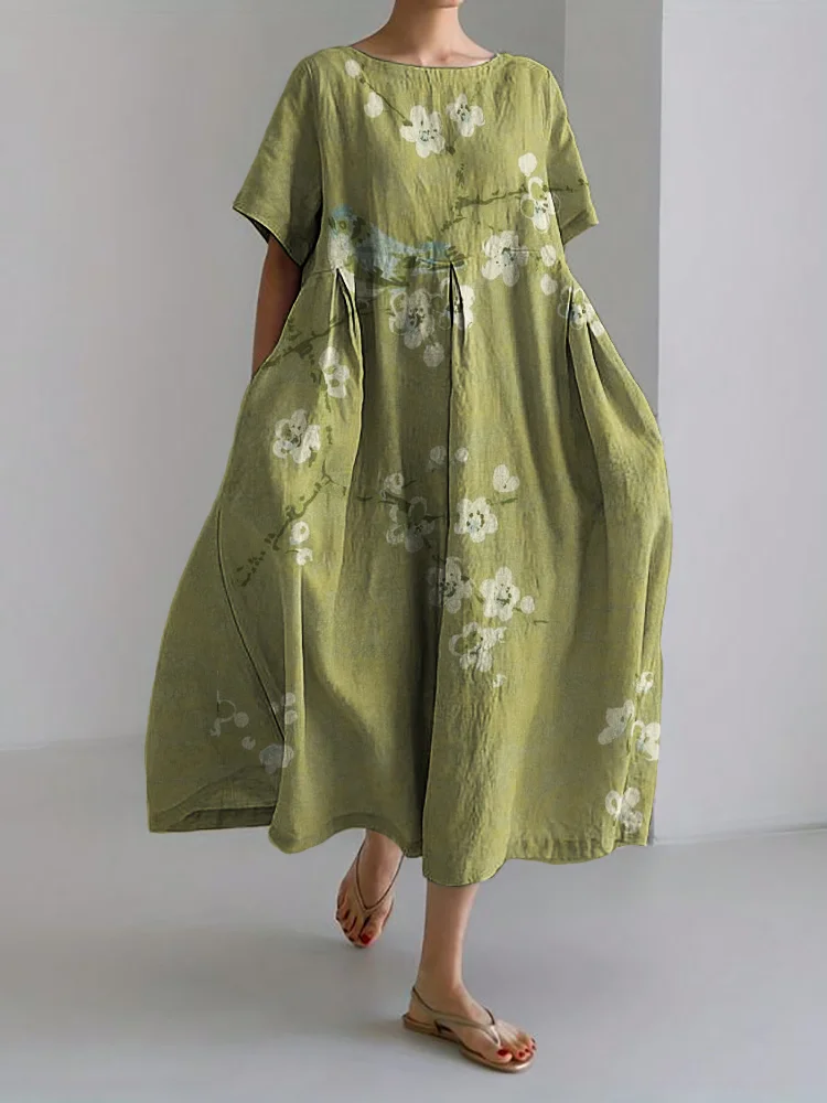 Bird on Plum Blossom Branches Japanese Linen Blend Maxi Dress