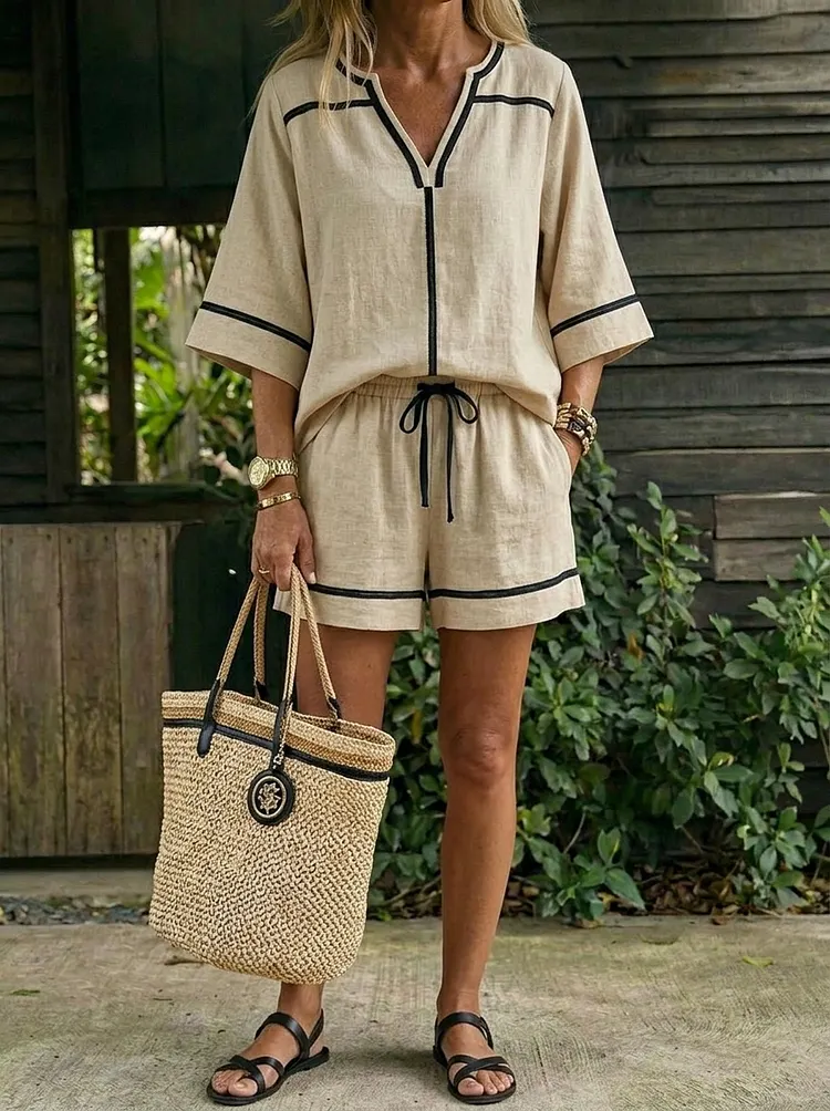 Women&rsquo;s Casual Cotton V-neck Top And Short Pants Set.