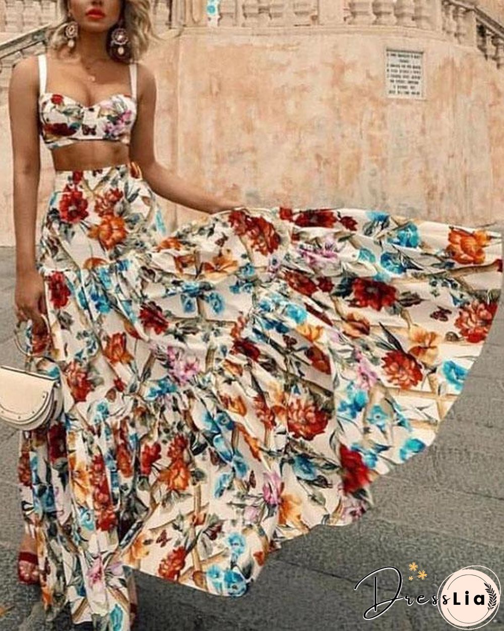 Sexy Off Shoulder Midriff-Baring Floral Printed Beach Maxi Dress
