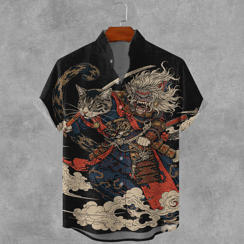 Men's Vintage Japanese Samurai Cat Print Casual Button Shirt elevenforest