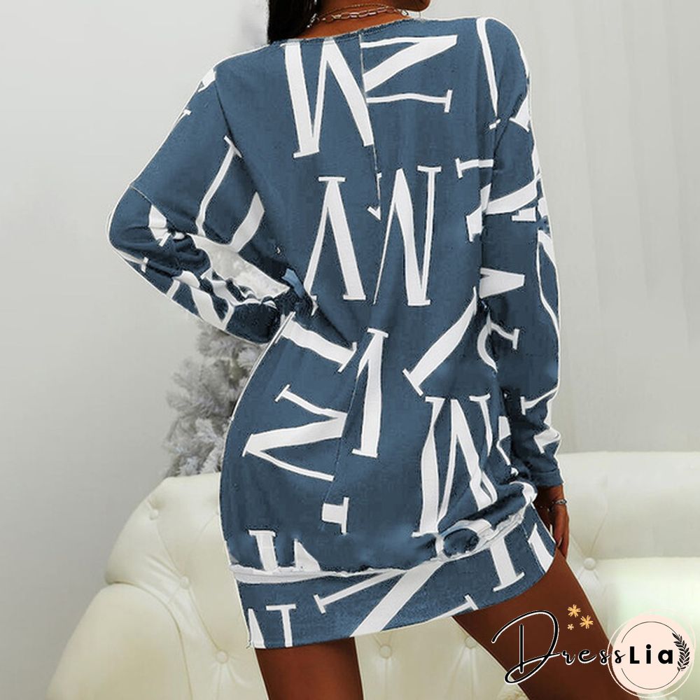 Xs-8Xl Autumn And Winter Dress Plus Size Clothes Women's Casual Long Sleeve T-Shirt Dresses Letter Printed Pullover Sweatshirt Dress Ladies O-Neck Loose Dress Off Shoulder Short Dress Mini Party Dress