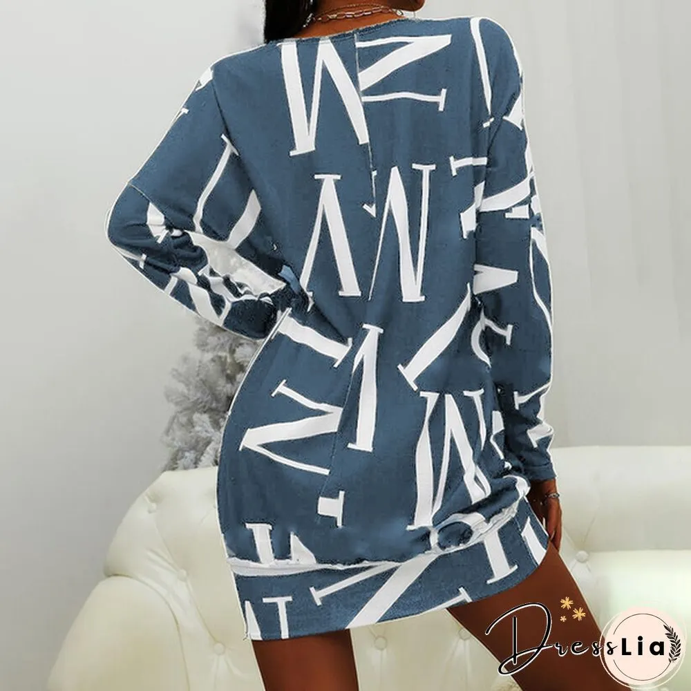 Xs-8Xl Autumn And Winter Dress Plus Size Clothes Women's Casual Long Sleeve T-Shirt Dresses Letter Printed Pullover Sweatshirt Dress Ladies O-Neck Loose Dress Off Shoulder Short Dress Mini Party Dress
