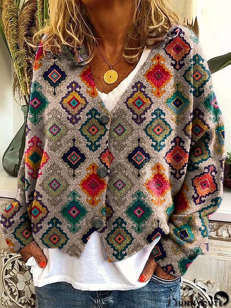 Women's Western Geometric Print Plush Cardigan