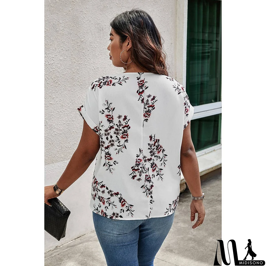 MidiSono - Plus Size Floral Print V Neck Loose Blouse