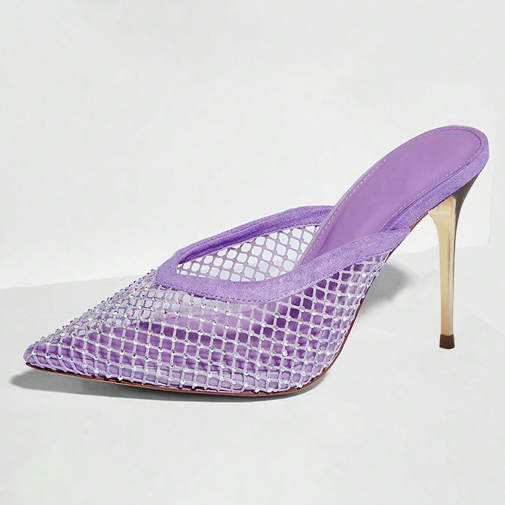 Purple Fishnet Pointed Toe 3'' Stiletto Heel Rhinestone Mules Nicepairs