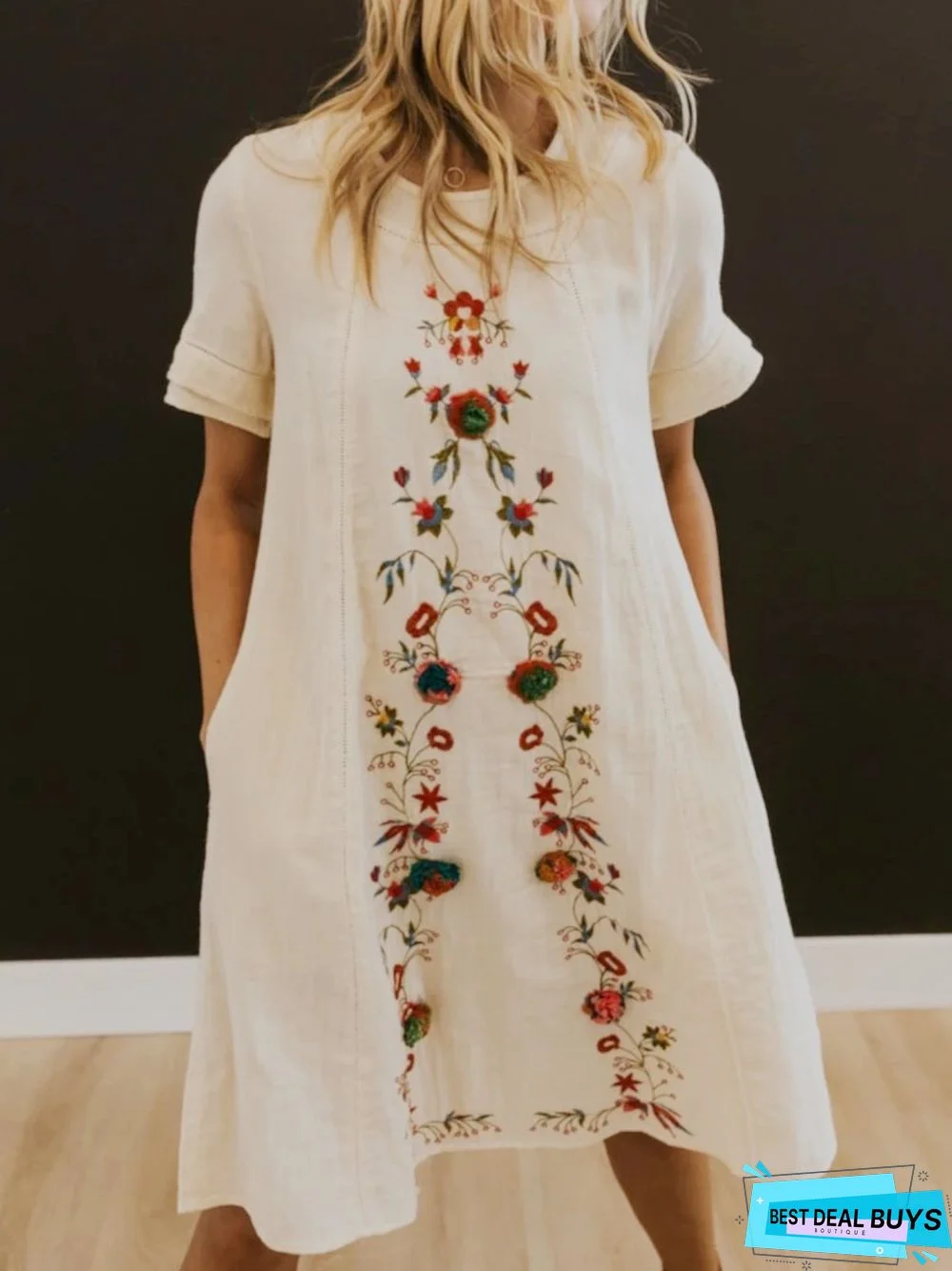 Beige Floral-Embroidered Short Sleeve Weaving Dress