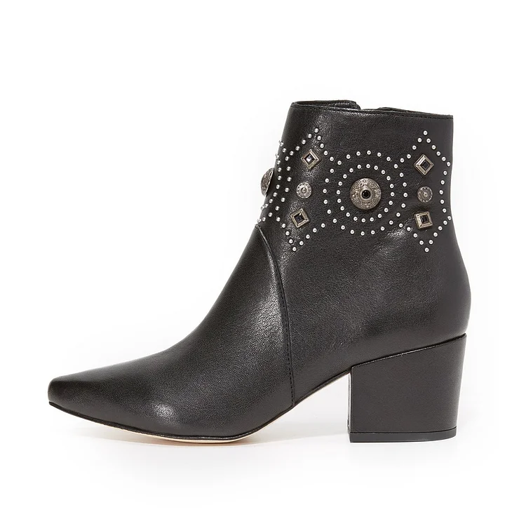Black Studs Pointed Toe Block Heel Ankle Boots Vdcoo