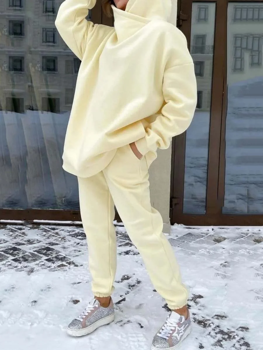 Two-piece suit of solid color casual hoodie and sweatpants