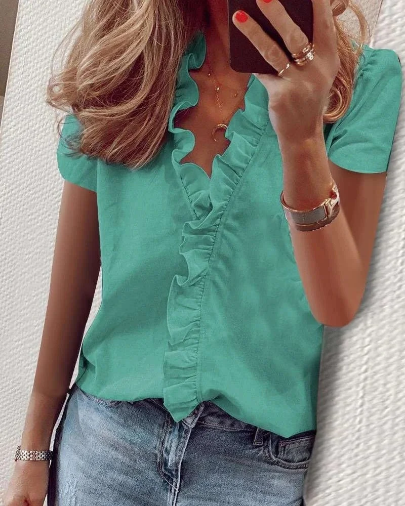 Leosoxs Summer Sexy Deep V Neck Short Sleeve Women's Blouses Shirt Fashion Ruffles Chiffon Ladies Pullover Tops Shirts Plus Size