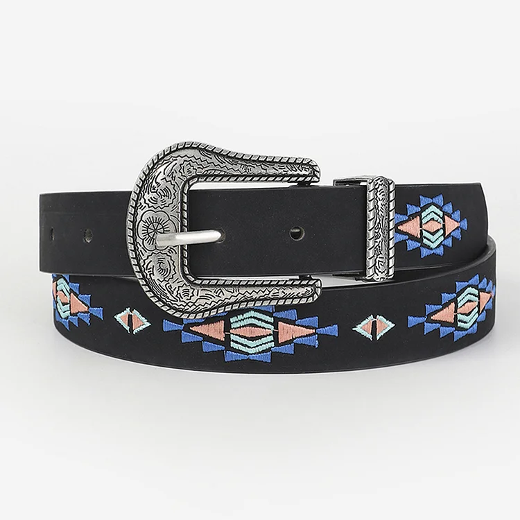 Ethnic Floral Leaf Pattern Embroidered Buckle Belt