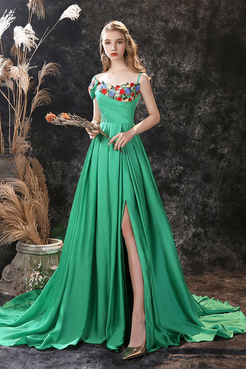 Luluslly Green Off-the-Shoulder Long Evening Dress Split With Flower Embrodiary