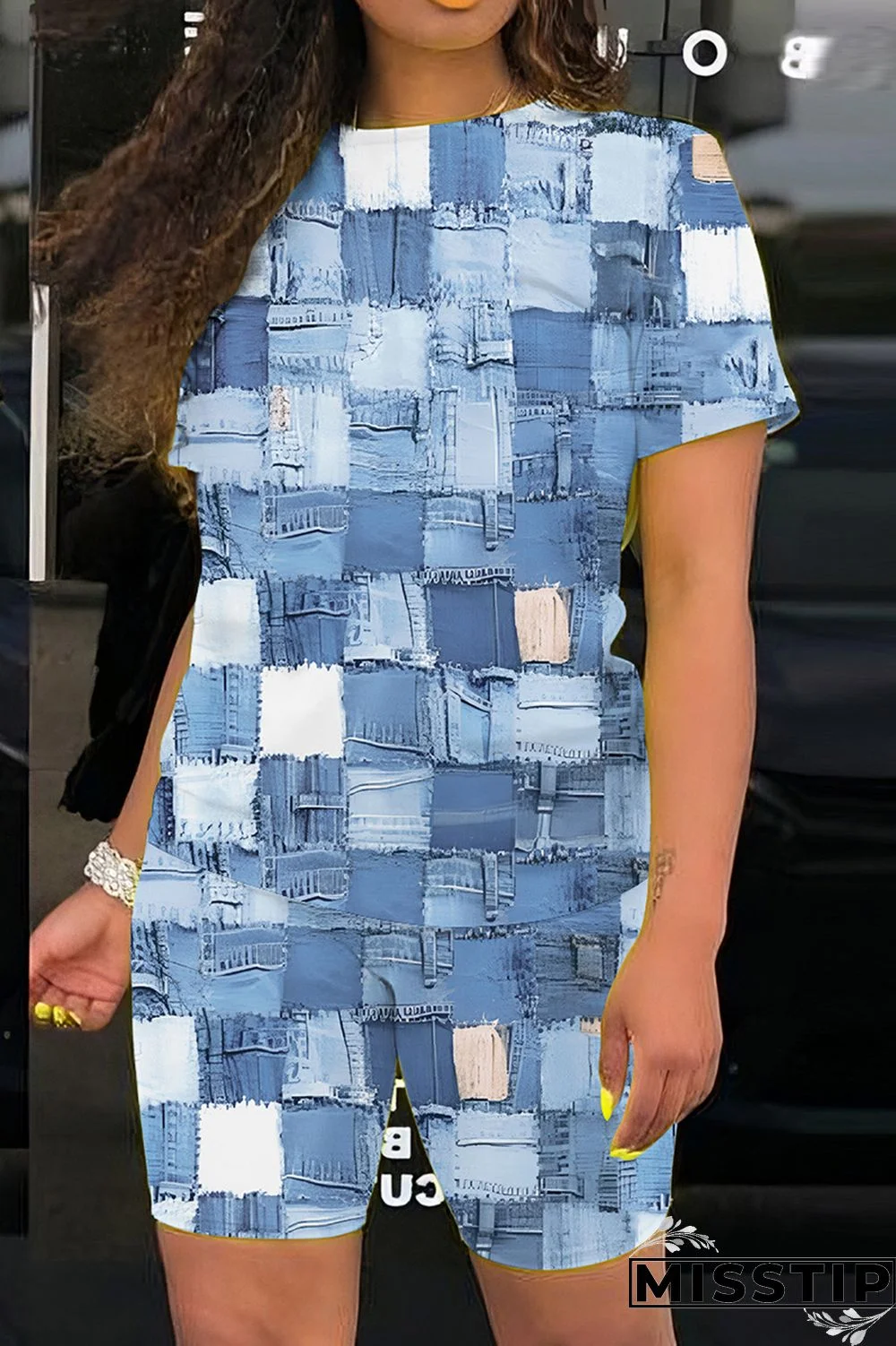 Multicolor Casual Print Basic O Neck Short Sleeve Two Pieces