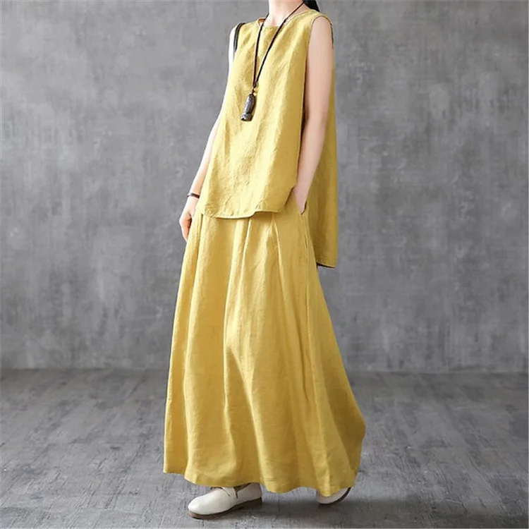 Cotton And Linen Vest Loose Half-Length Skirt Suit