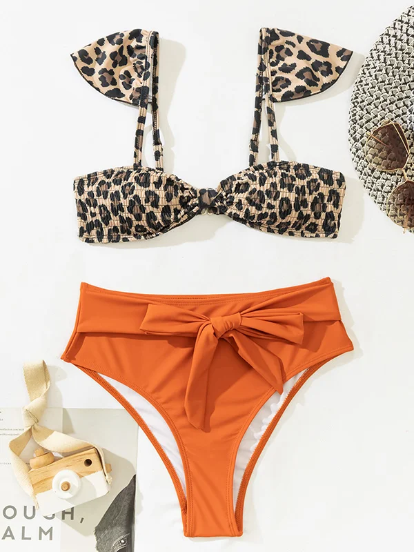 Leopard-Print Bowknot High-Waist Bikini Swimwear 