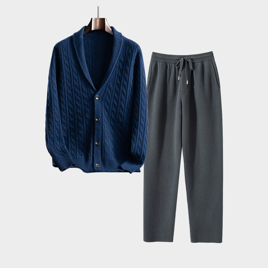 Men's Button-up Shawl Collar Cashmere Cardigan and Pants Set | Casual Outfit REAL SILK LIFE