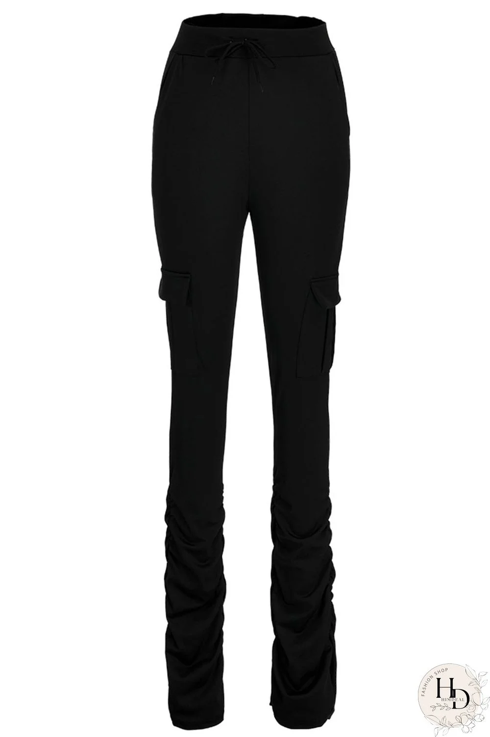 Yellow Drawstring High Solid Pocket Draped Boot Cut Pants Bottoms