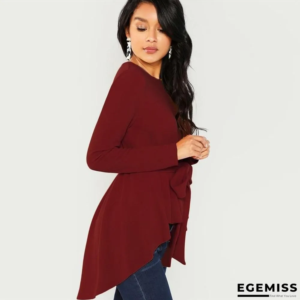 Burgundy Long Sleeve Blouse Elegant Self Belted Asymmetrical Hem Tops Blouses | EGEMISS