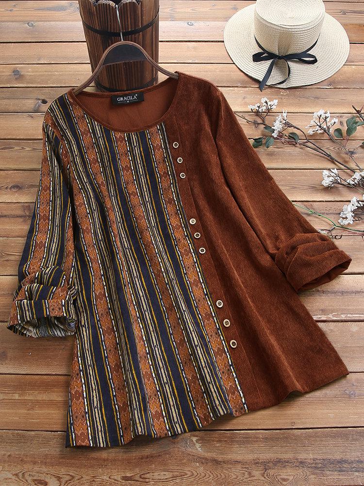 Womens Tops And Blouses New Popular Retro Outwear Corduroy Striped Stitched Color Matching Long Sleeve Vintage Plus Size Shirt