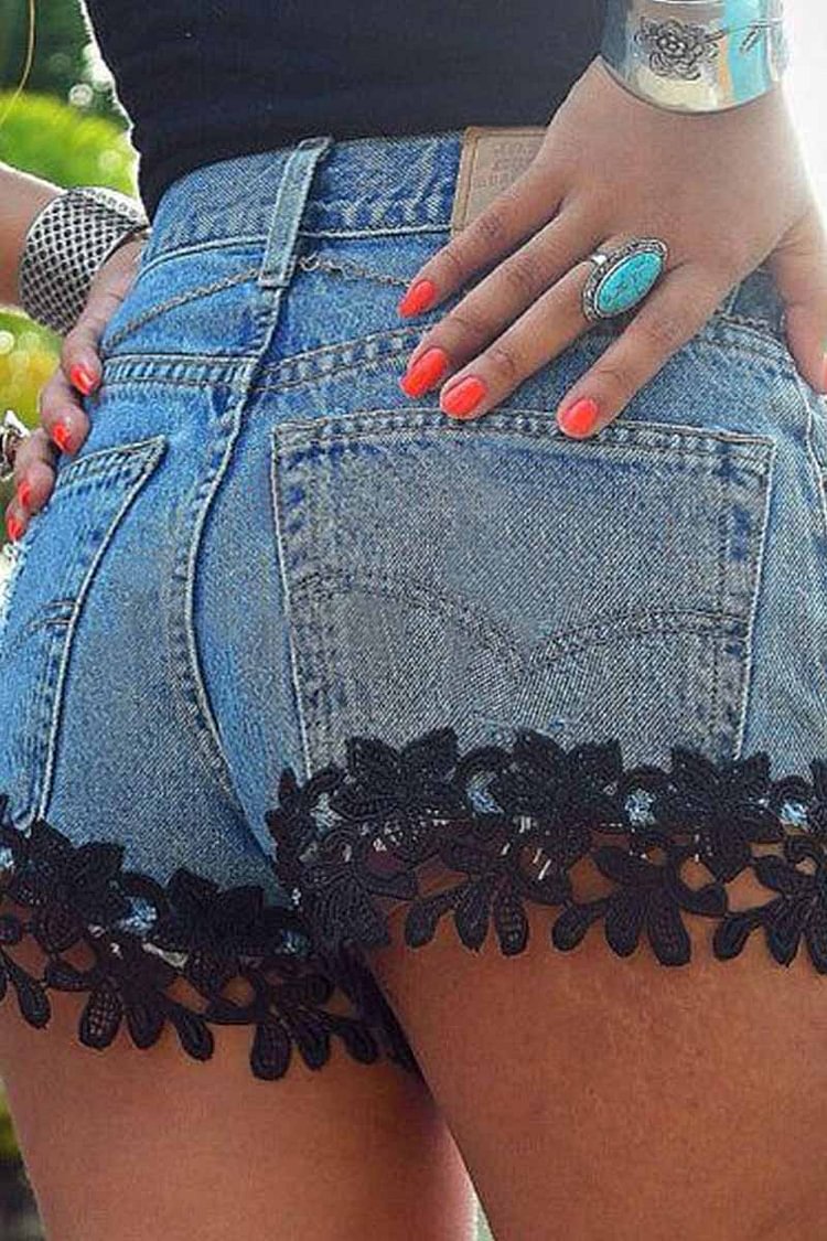 Sexy Lace Stitching Ripped Denim Shorts