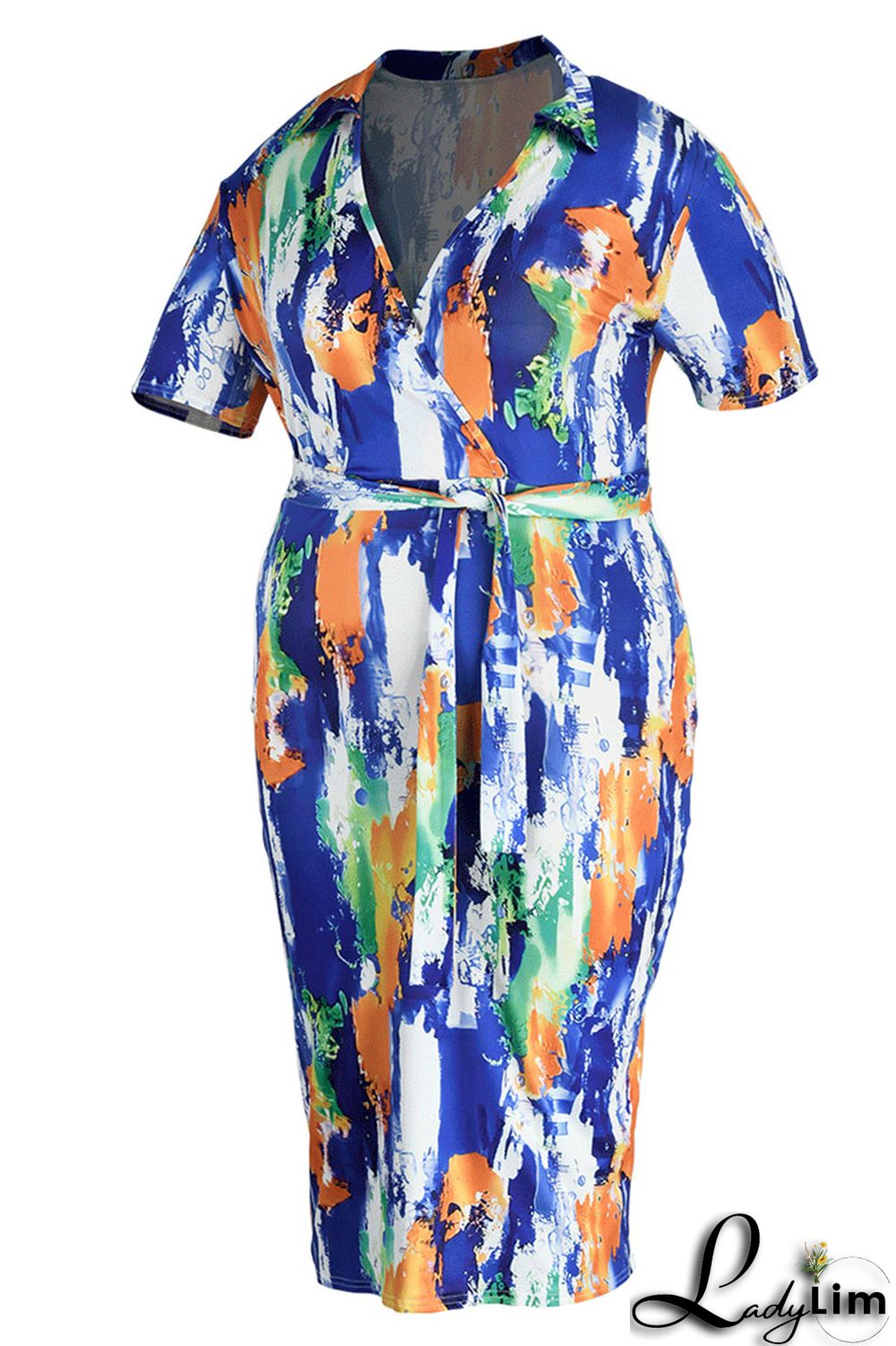 Blue Orange Sexy Print Graffiti Split Joint V Neck One Step Skirt Plus Size Dresses