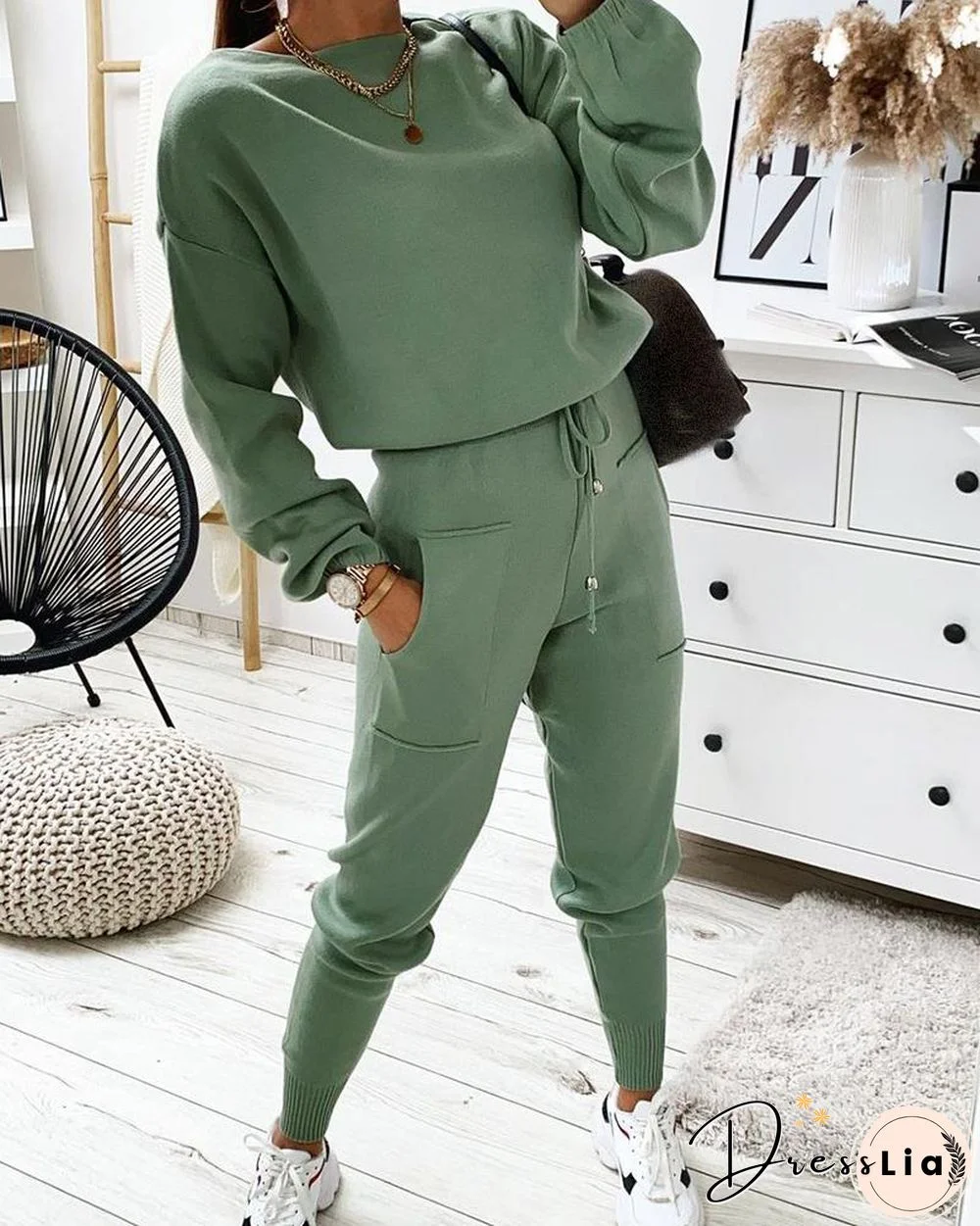 Plain Long Sleeve Top & Drawstring Pants Set