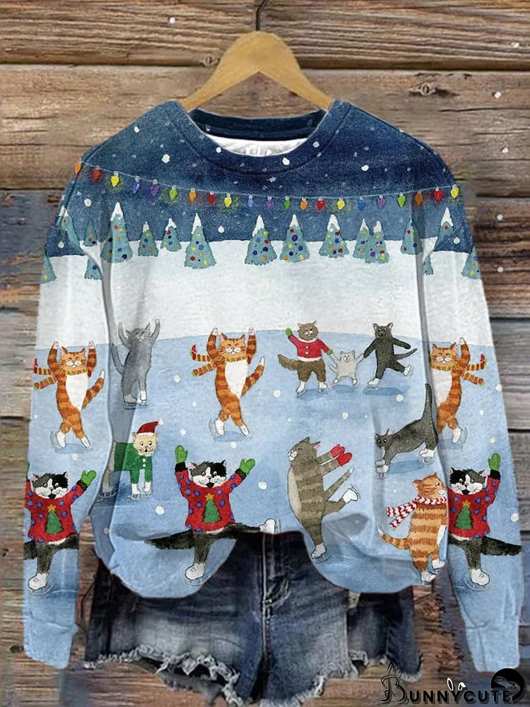 Women's Winter Cat Print Crew Neck Sweatshirt