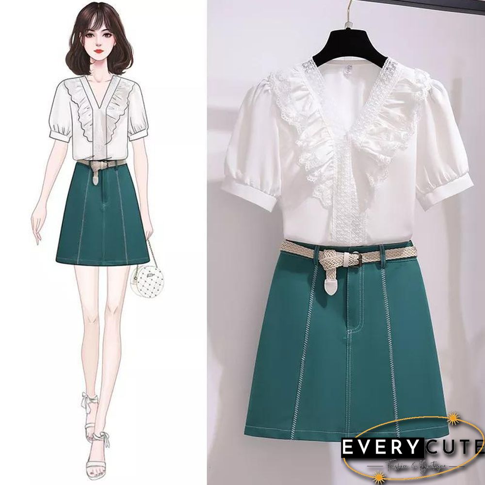 Elegant Lace Blouse+Belt Skirt P11368