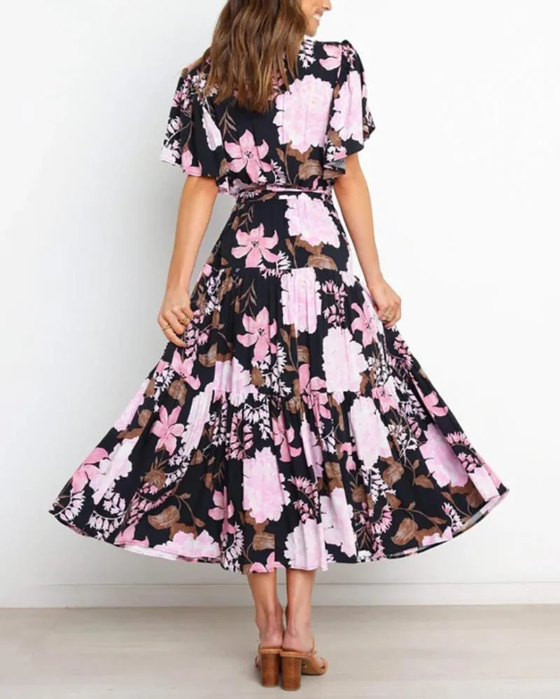 Commuter v-neck short-sleeved printed dress