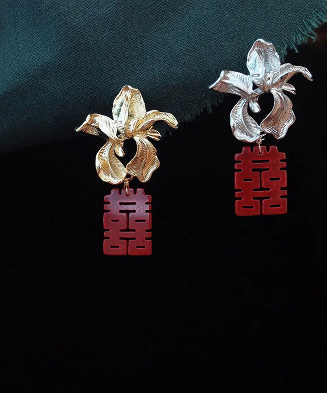 Women Gold Floral Red Letter Drop Earrings