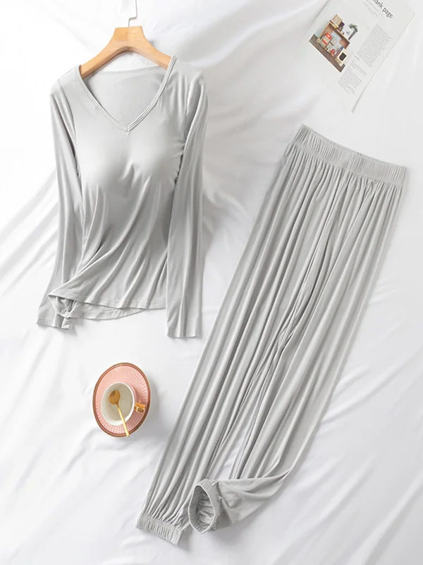 V-Neck Solid Color Long Sleeve&Pants Pajamas Sets