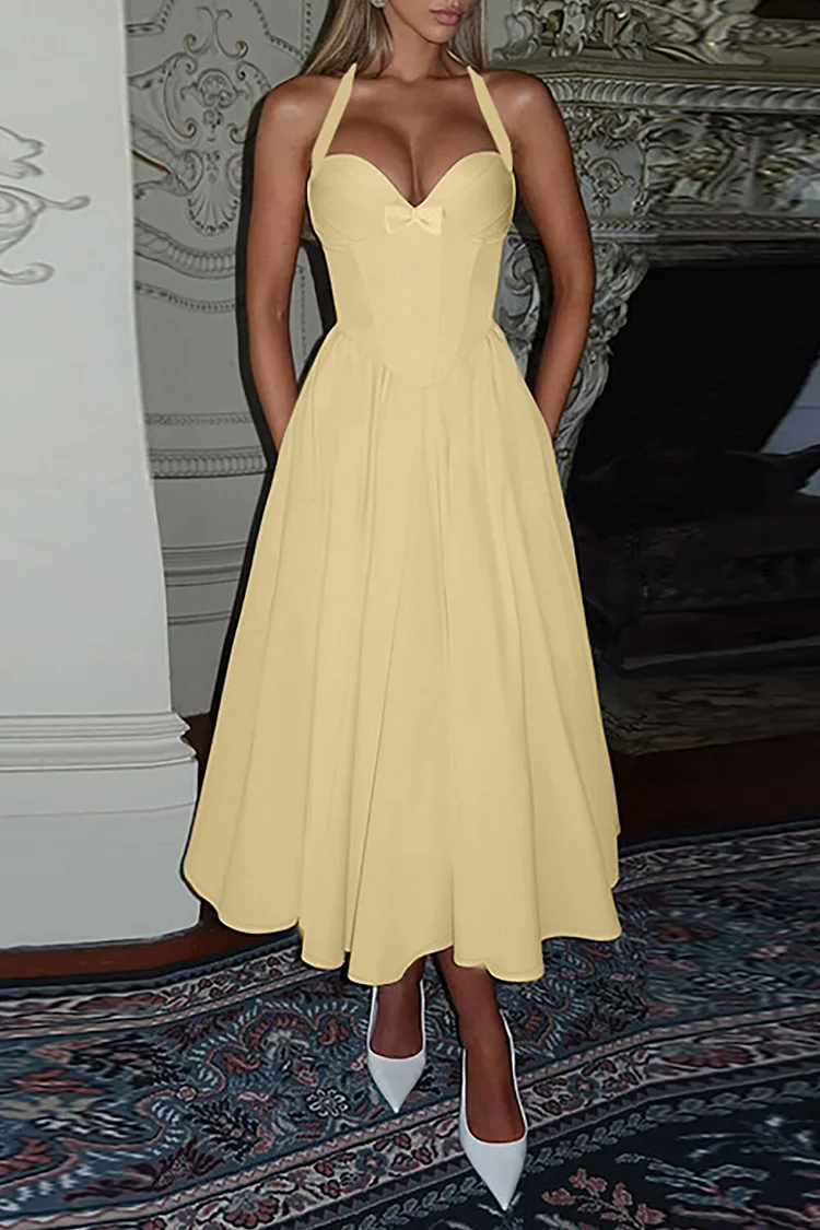 Halter Neck Corset Design Solid Color A-Line Midi Dresses-Yellow