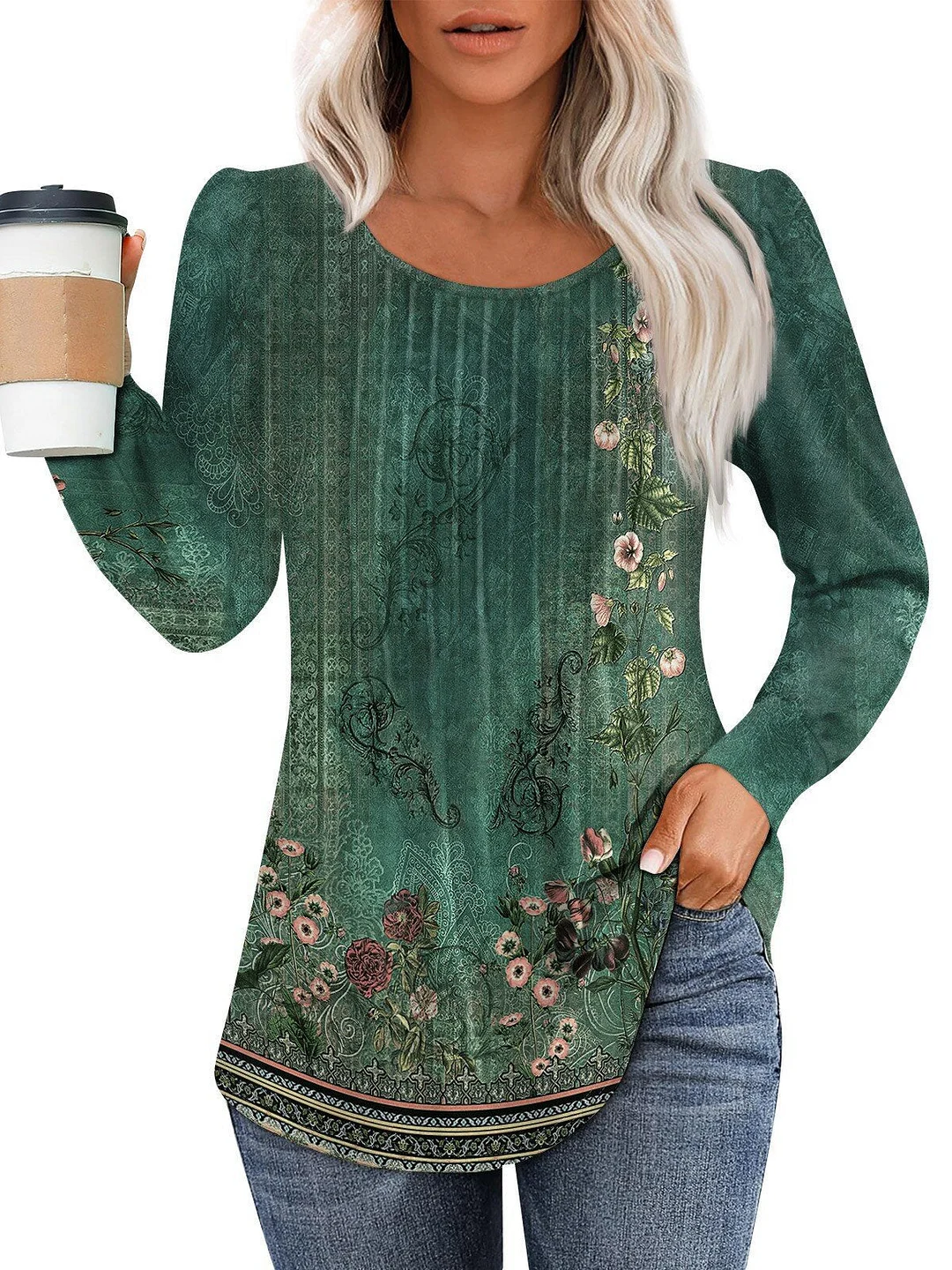 Women's Long Sleeve Scoop Neck Floral Printed Graphic Tops