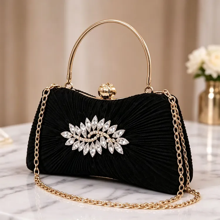 Luxury Black Evening Clutch Bag for Women &ndash; Crystal Embellished Pleated Handbag with Gold Handle & Chain Strap, Elegant Wedding Party Purse