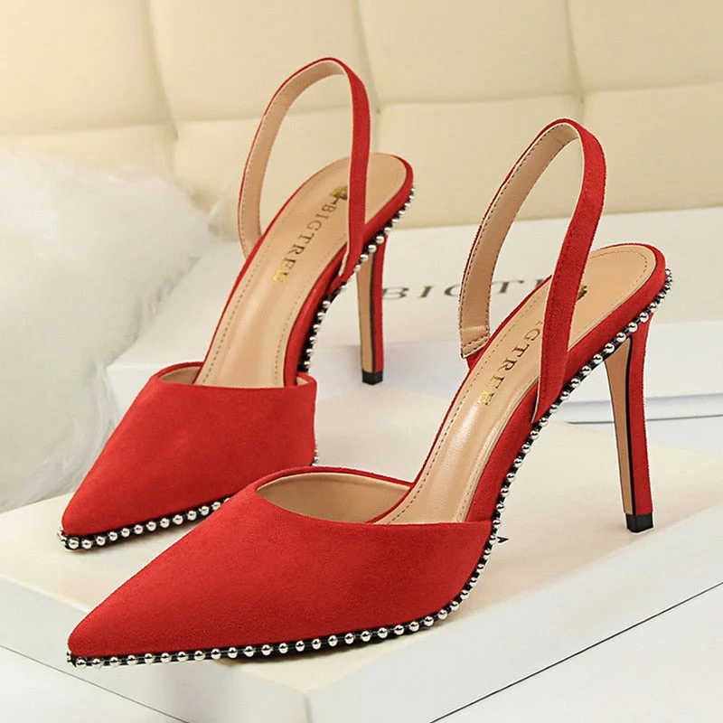 BIGTREE Shoes Rivet High Heels Woman Pumps Pu Leather Women Heels 9cm Sexy Party Shoes Black Red Apricot Wedding Shoes Female