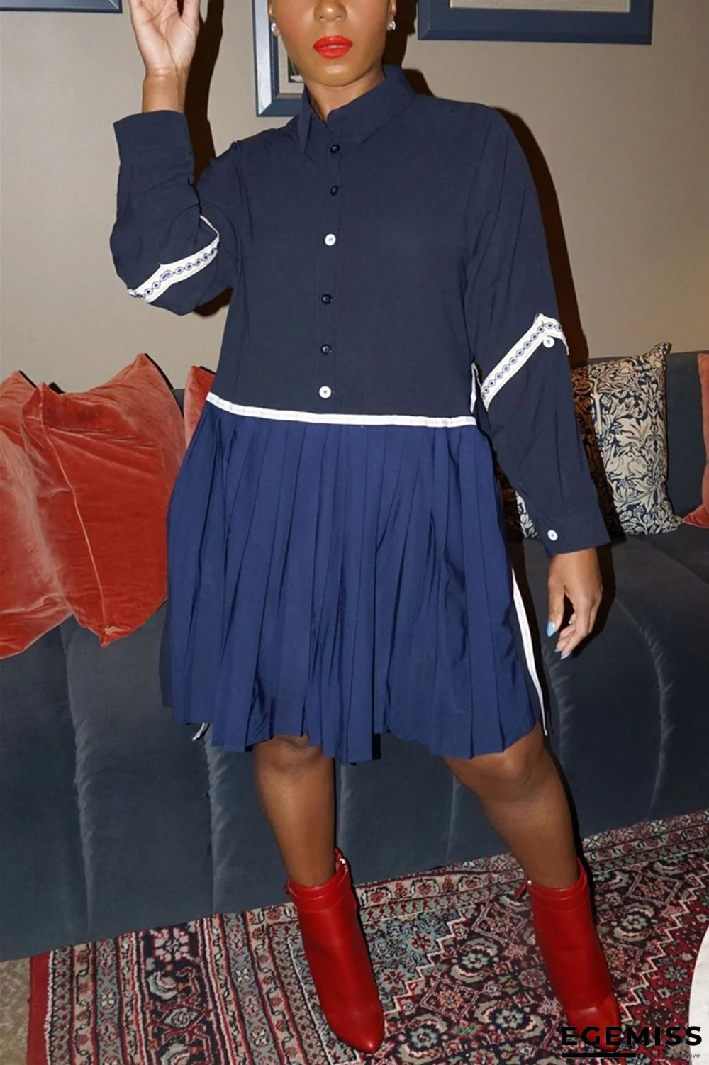 Blue Fashion Casual PVC Patchwork Solid Patchwork Buckle Buttons Shirt Collar Long Sleeve Knee Length Straight Dresses | EGEMISS