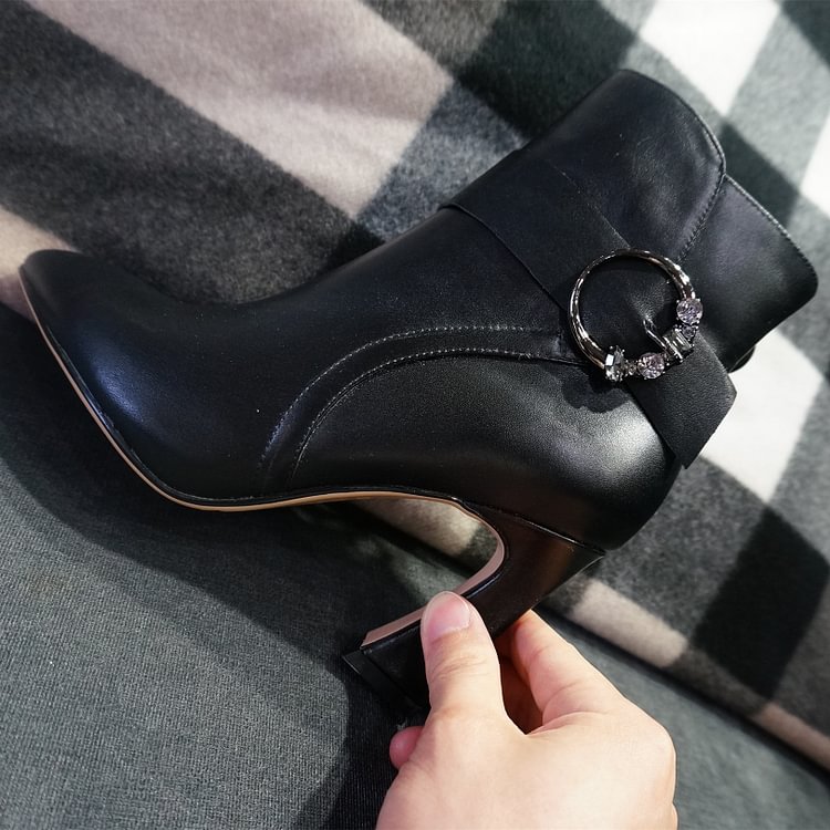 Black Buckle Rhinestone Spool Heel Ankle Booties |FSJ Shoes