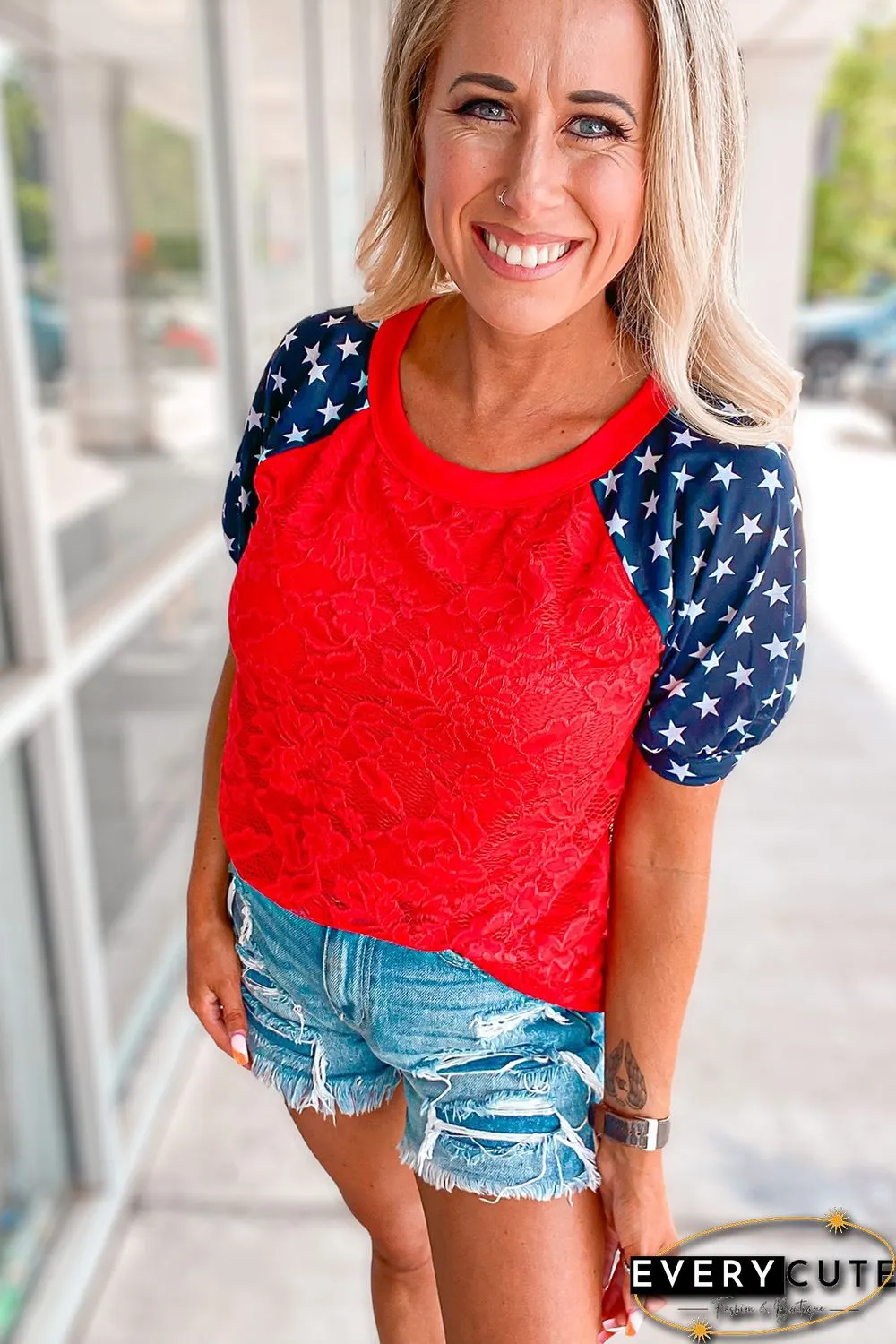 Red Lace Overlay Contrast Star Sleeve Flag Day T Shirt