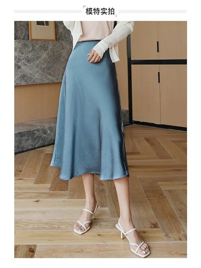 Women's Work Skirts Long Skirt Midi Satin Denim Blue Black White Pink Skirts Long Office / Career Casual Daily S M L | IFYHOME