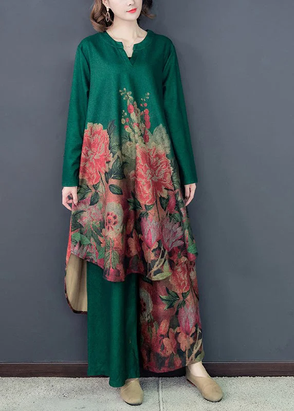 Green Floral Silk Dress And Wide Leg Pants Two Pieces Set Low High Design