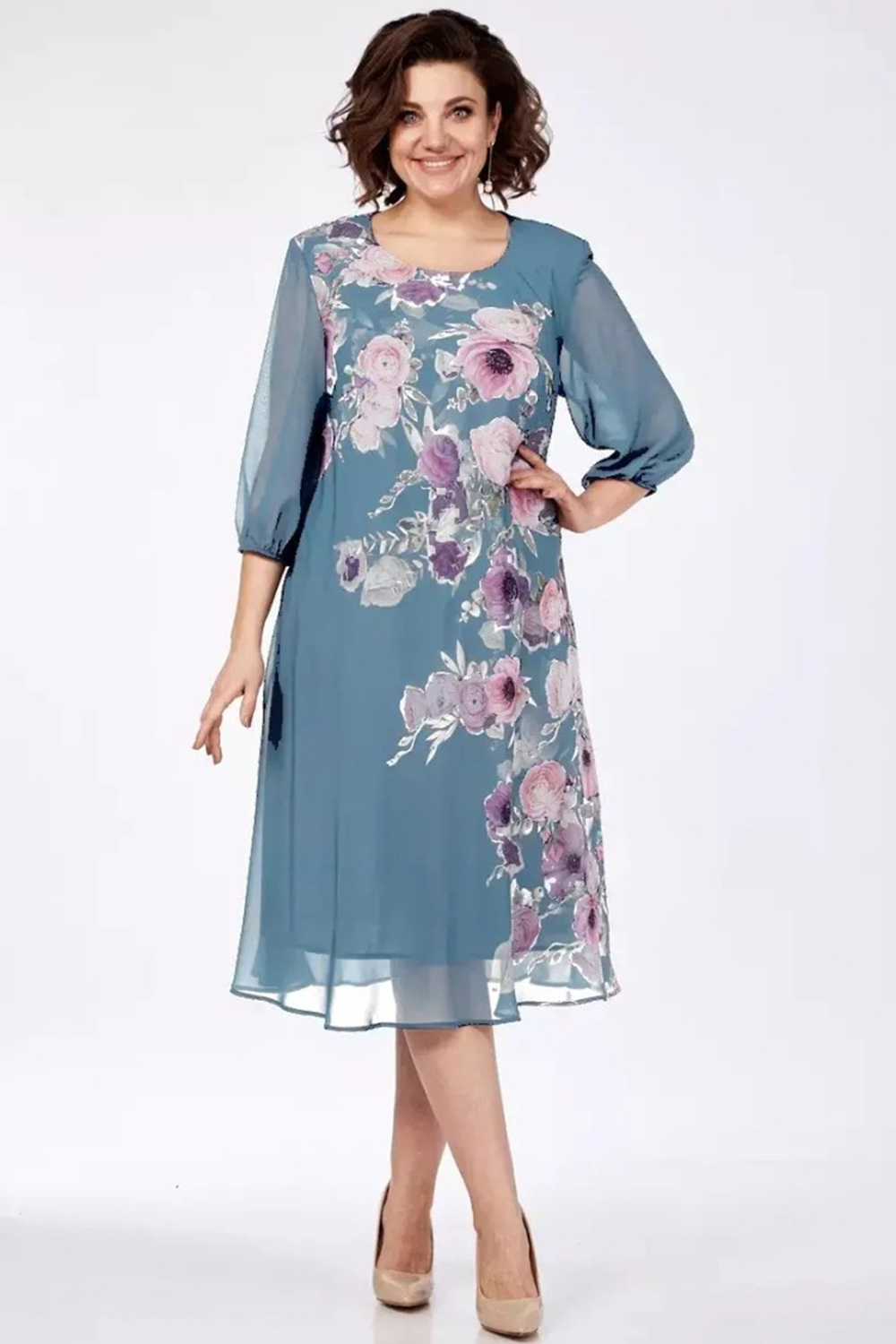 Plus Size Everyday Navy Blue Chiffon Floral Print 3/4 Sleeve Midi Dress 2024 - Flycurvy 