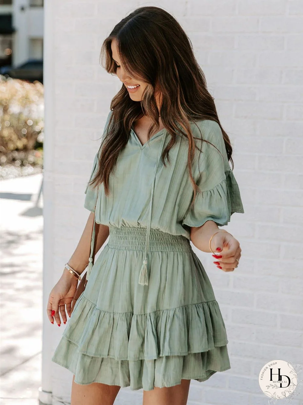 Solid Color Short Sleeve Dress with Ruffled V-neck
