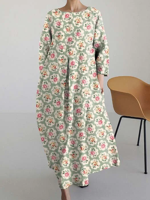 Vintage Floral Art Print Round Neck Long Sleeve Dress