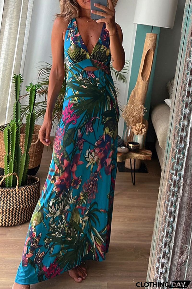 Sexy Vacation Floral Backless V Neck Printed Dress Dresses
