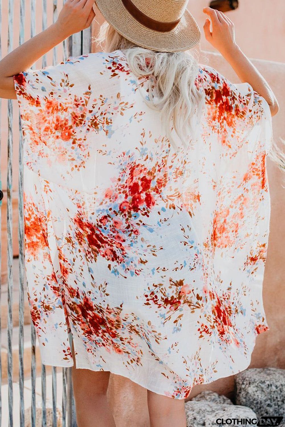 Floral Kimono Sleeves Chiffon Loose Beach Cover Up