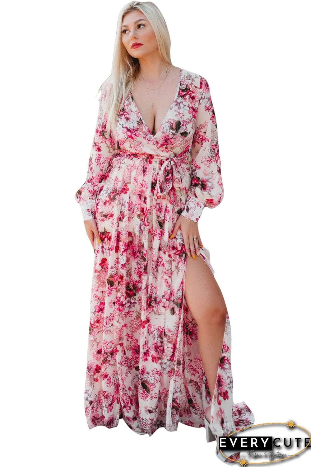 Pink Wrap V Neck Floral Maxi Dress