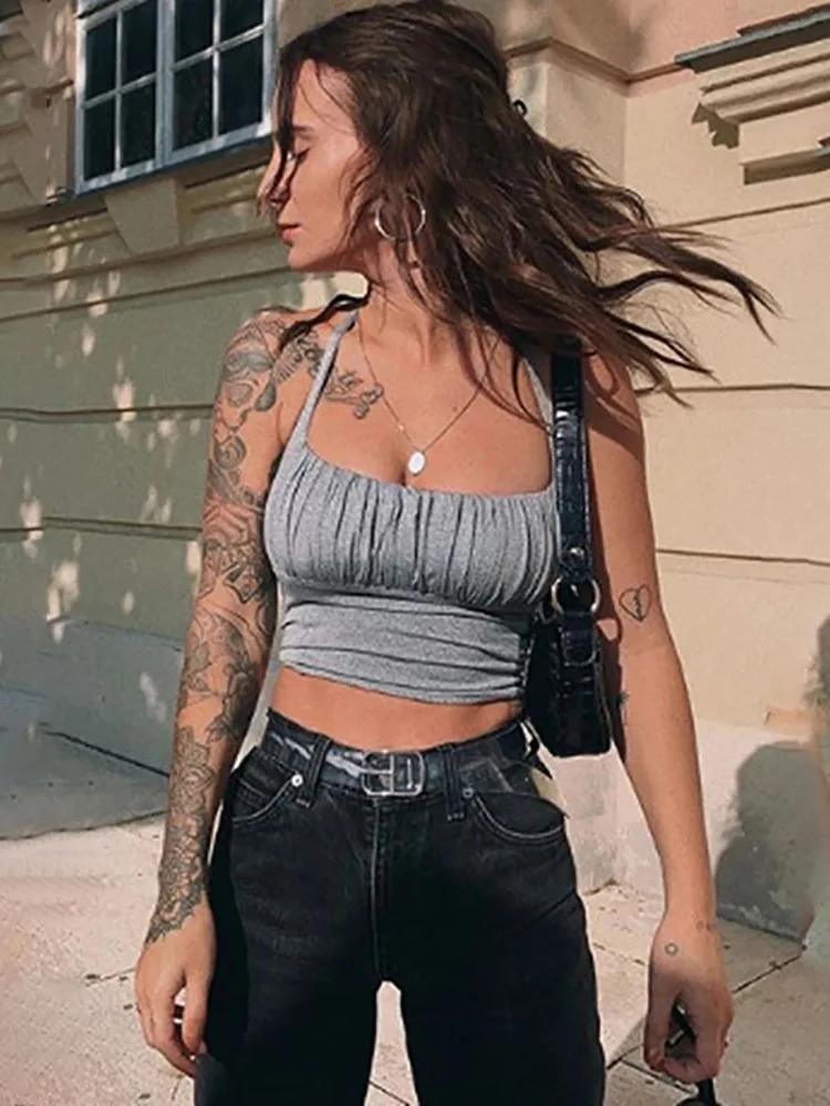 Women Summer Fashion Ruched Camisole Sexy Mujer Backless Tank Top Streetwear Femme Mini Camis For Women Casual Crop Tops