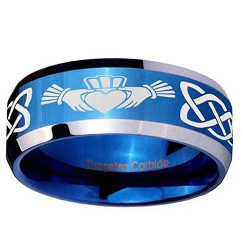 6MM 8MM Men's or Women's Blue and Silver Irish Claddagh Tungsten Carbide Embrace Love Heart Wedding Rings Laser Etched Celtic Knot with Heart in Hands